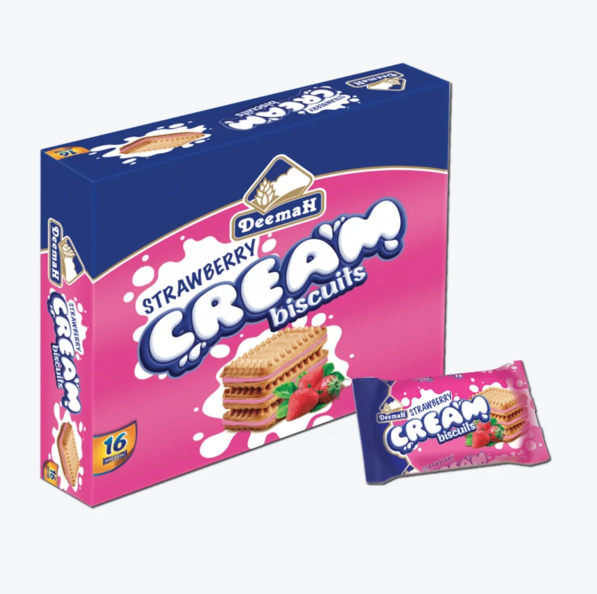 Deemah Cream Biscuit Strawberry 27g x 16 ديمه بسكويت كريمة الفراولة