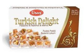 USAS TURKISH DELIGHT PISTASHIO HAZELNUT WALNUT 350G يوساس راحة تركية بالفستق والجوز والبندق