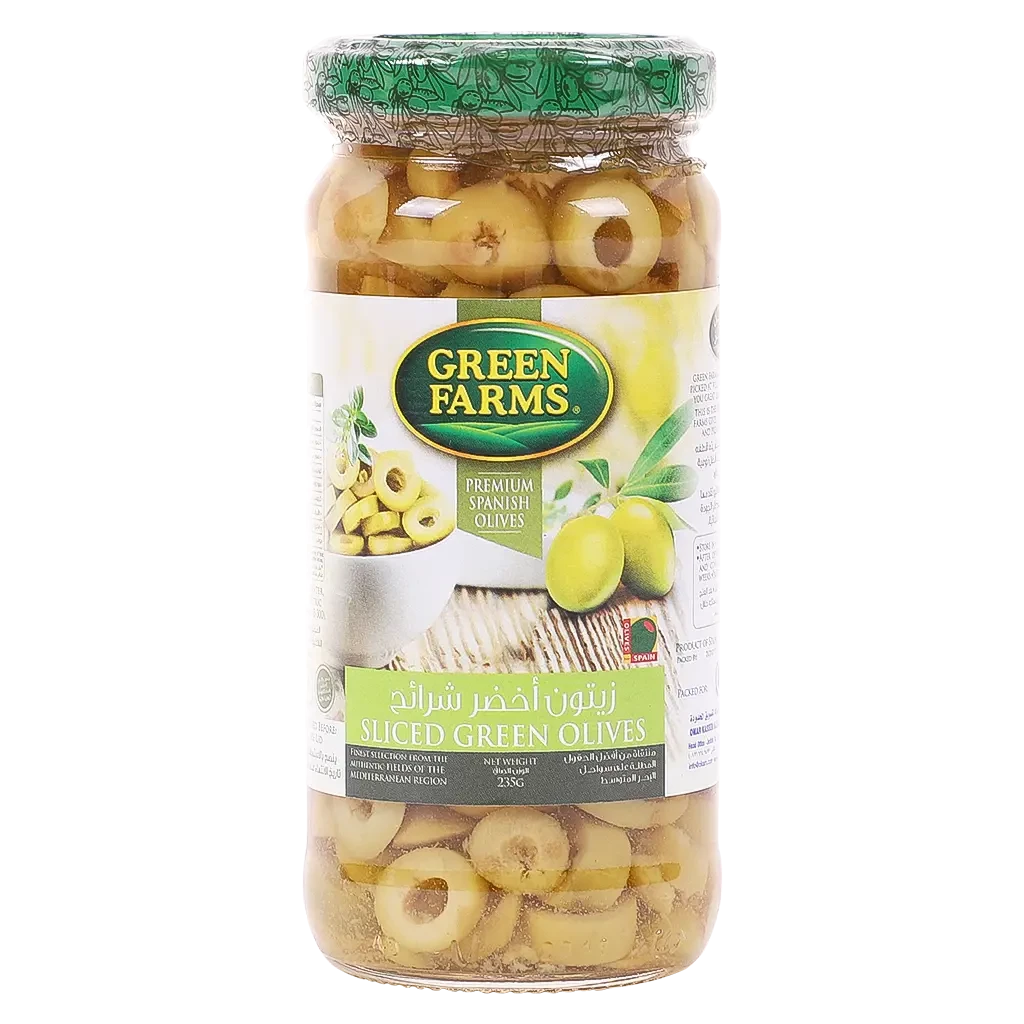 Green Farms Sliced Green Olives Glass 235g جرين فارمز عبوة زيتون اخضر شرائح